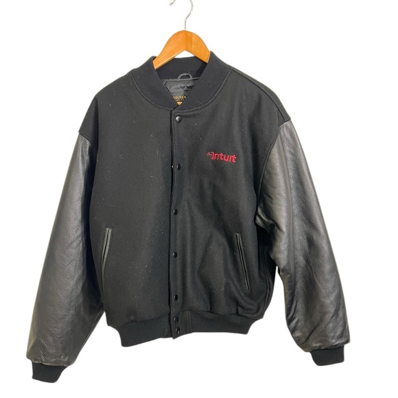Golden Bear USA Made Black Wool Varsity Jacket M Leather Sleeves Intuit Logo